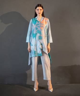 Blue & orange high low kurta set 1