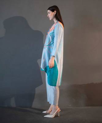 Blue & orange high low kurta set 2