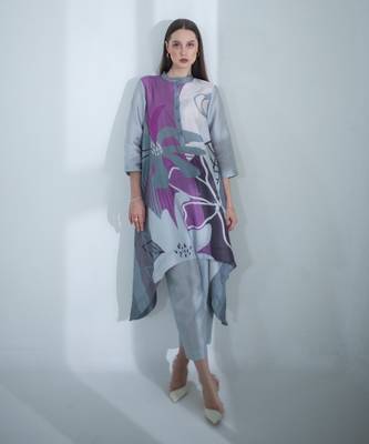 Grey & purple long kaftan tail set 1