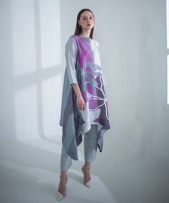 Grey & purple long kaftan tail set 2