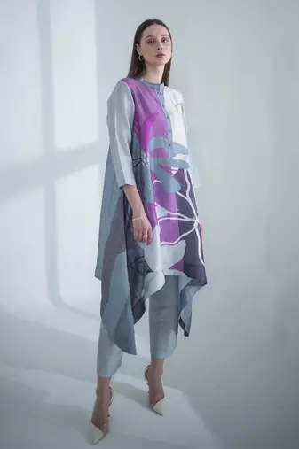 Grey & purple long kaftan tail set