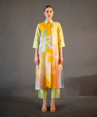 Green & yellow long straight kurta set 1