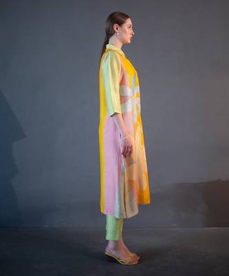 Green & yellow long straight kurta set 3