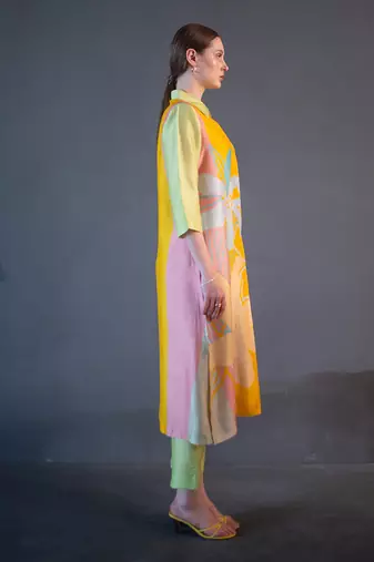 Green & yellow long straight kurta set