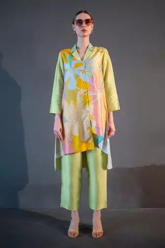 Green & yellow high low kurta set