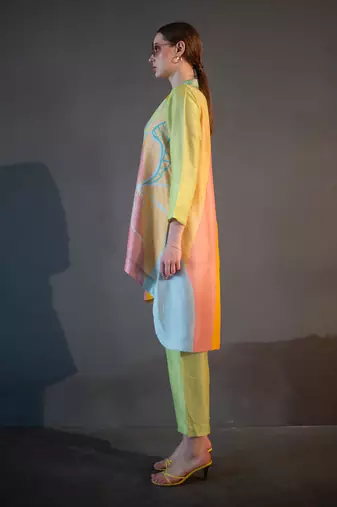 Green & yellow high low kurta set