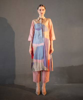 Peach & blue long straight kurta set 1