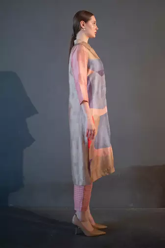 Peach & blue long straight kurta set