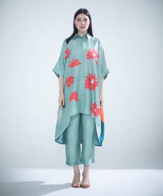Deep turquoise high low kaftan set 1