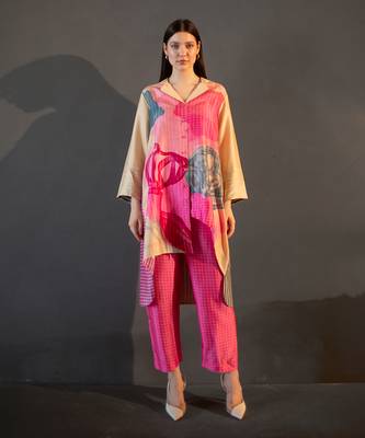 Yellow & pink high low kurta set 1
