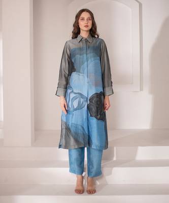 Blue & grey long straight kurta set 1