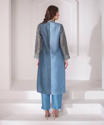 Blue & grey long straight kurta set 3