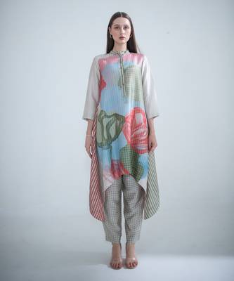 Grey & red long kaftan tail set 1