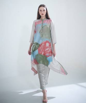 Grey & red long kaftan tail set 2