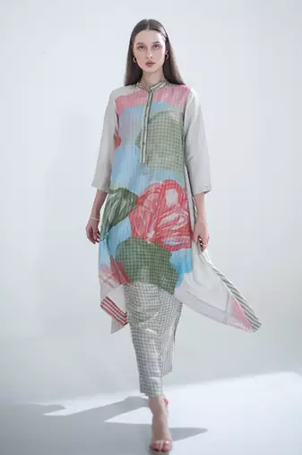 Grey & red long kaftan tail set