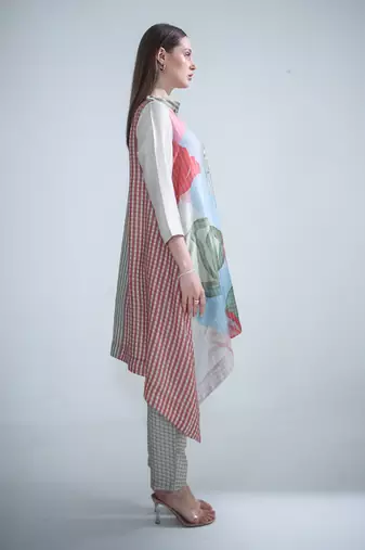 Grey & red long kaftan tail set