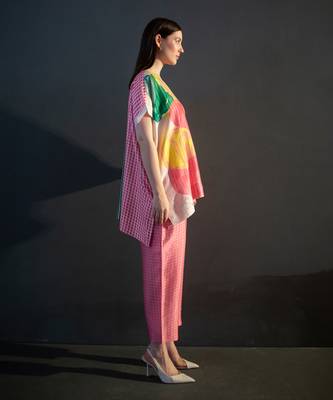Cream & pink one side kaftan sleeve set 2