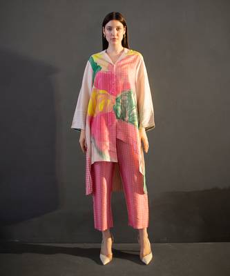 Cream & pink high low kurta set 1