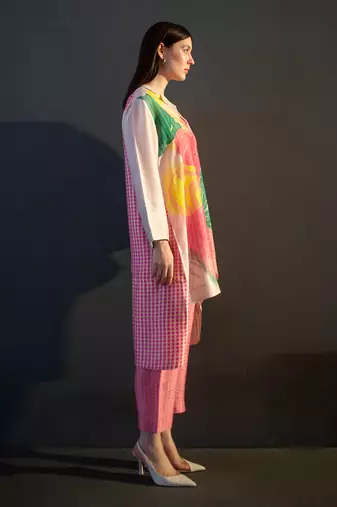 Cream & pink high low kurta set