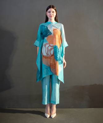 Blue & orange asymmetric kurta set 1