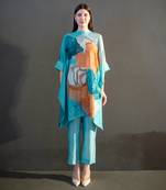 Blue & orange asymmetric kurta set