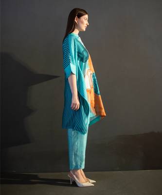 Blue & orange asymmetric kurta set 2