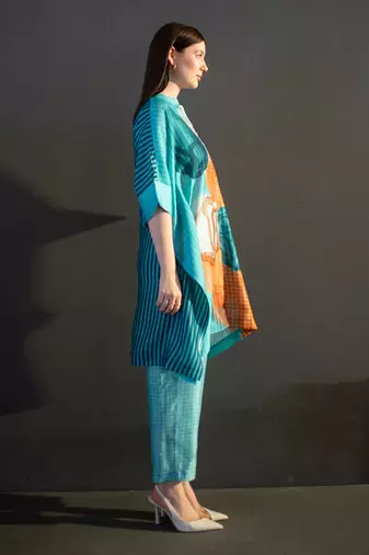 Blue & orange asymmetric kurta set