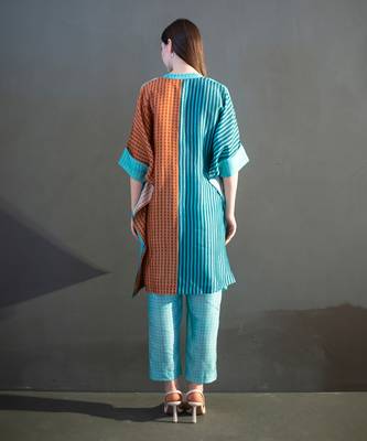 Blue & orange asymmetric kurta set 3