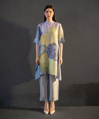 Grey & yellow asymmetric kurta set 1