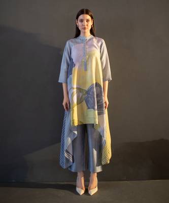 Grey & yellow long kaftan tail set 1