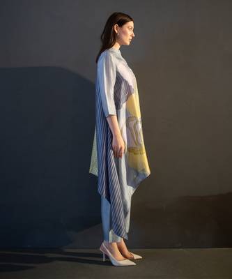 Grey & yellow long kaftan tail set 2