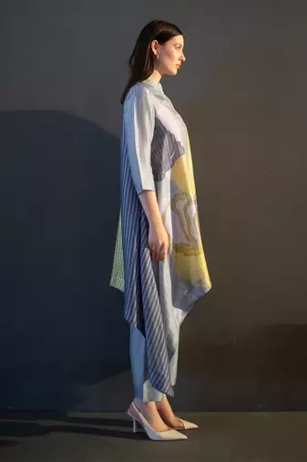 Grey & yellow long kaftan tail set