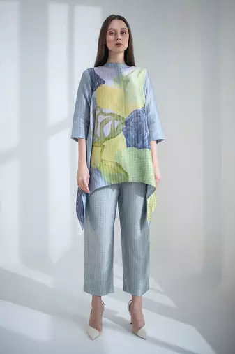 Grey & yellow short kaftan tail set