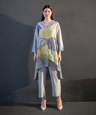 Grey & yellow high low kurta set 1
