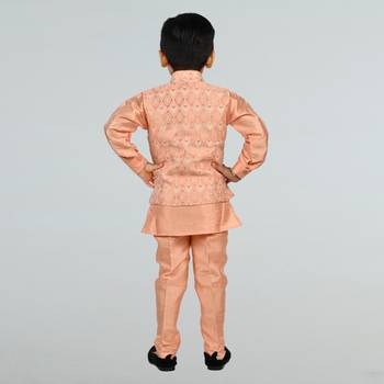 Boys cotton silk diamond embroidered waistcoat with kurta pants set - peach 6