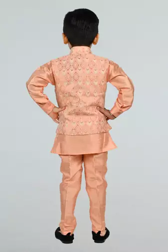 Boys cotton silk diamond embroidered waistcoat with kurta pants set - peach