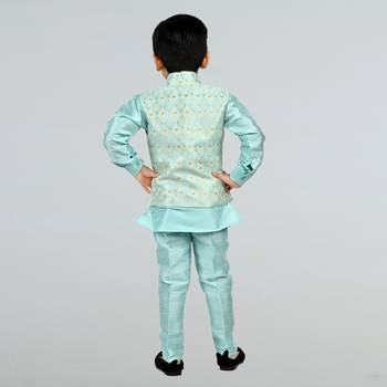 Boys cotton silk diamond embroidered waistcoat with kurta pants set - sky blue 6