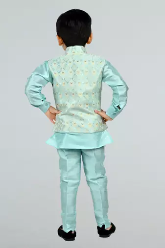 Boys cotton silk diamond embroidered waistcoat with kurta pants set - sky blue