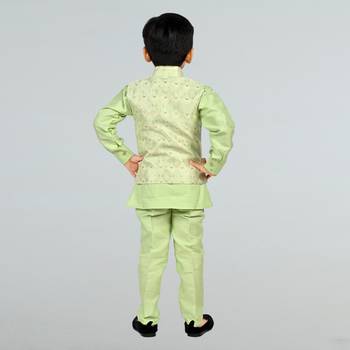 Boys cotton silk diamond embroidered waistcoat with kurta pants set - pista 6