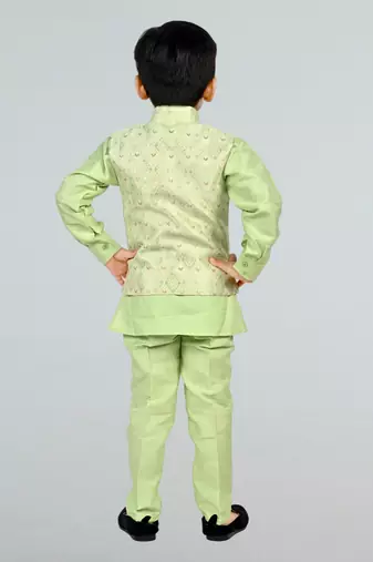 Boys cotton silk diamond embroidered waistcoat with kurta pants set - pista