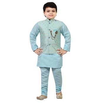 Boys cotton blend jacquard waistcoat with kurta pajama set - sky blue 1