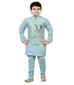 Boys cotton blend jacquard waistcoat with kurta pajama set - sky blue