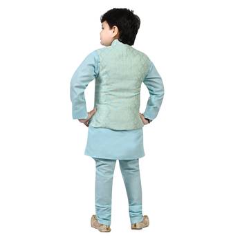 Boys cotton blend jacquard waistcoat with kurta pajama set - sky blue 2