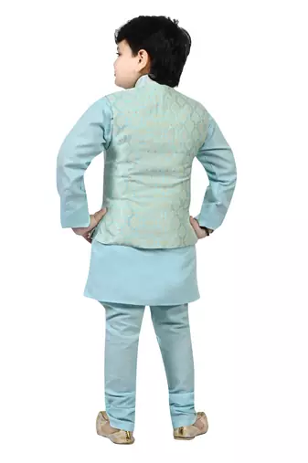 Boys cotton blend jacquard waistcoat with kurta pajama set - sky blue