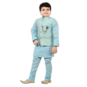 Boys cotton blend jacquard waistcoat with kurta pajama set - sky blue 3