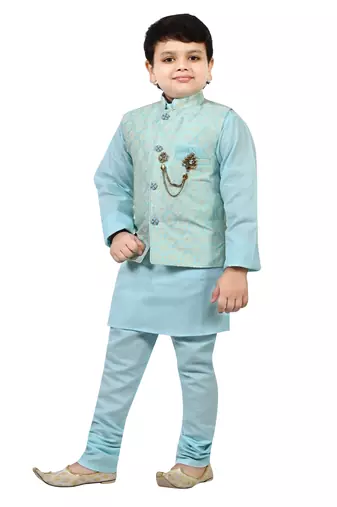 Boys cotton blend jacquard waistcoat with kurta pajama set - sky blue