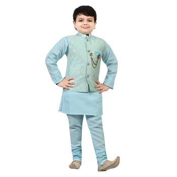Boys cotton blend jacquard waistcoat with kurta pajama set - sky blue 4