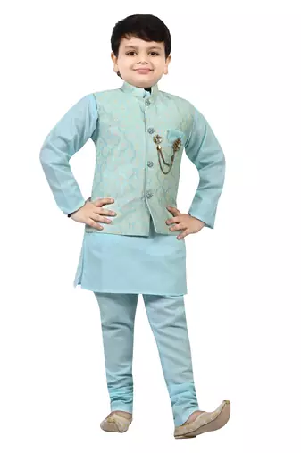 Boys cotton blend jacquard waistcoat with kurta pajama set - sky blue