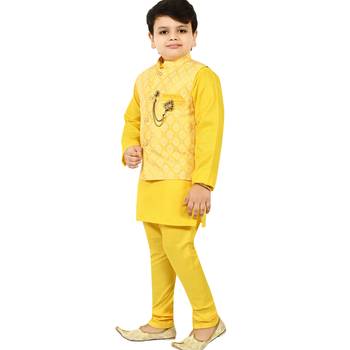 Boys cotton blend jacquard waistcoat with kurta pajama set - yellow 1
