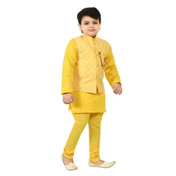Boys cotton blend jacquard waistcoat with kurta pajama set - yellow 2